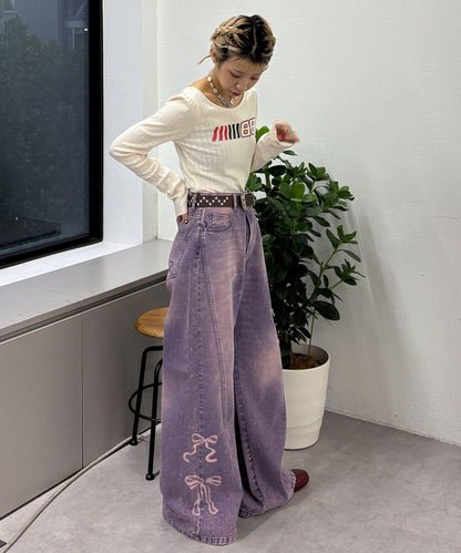 蝴蝶結拔染印花牛仔褲