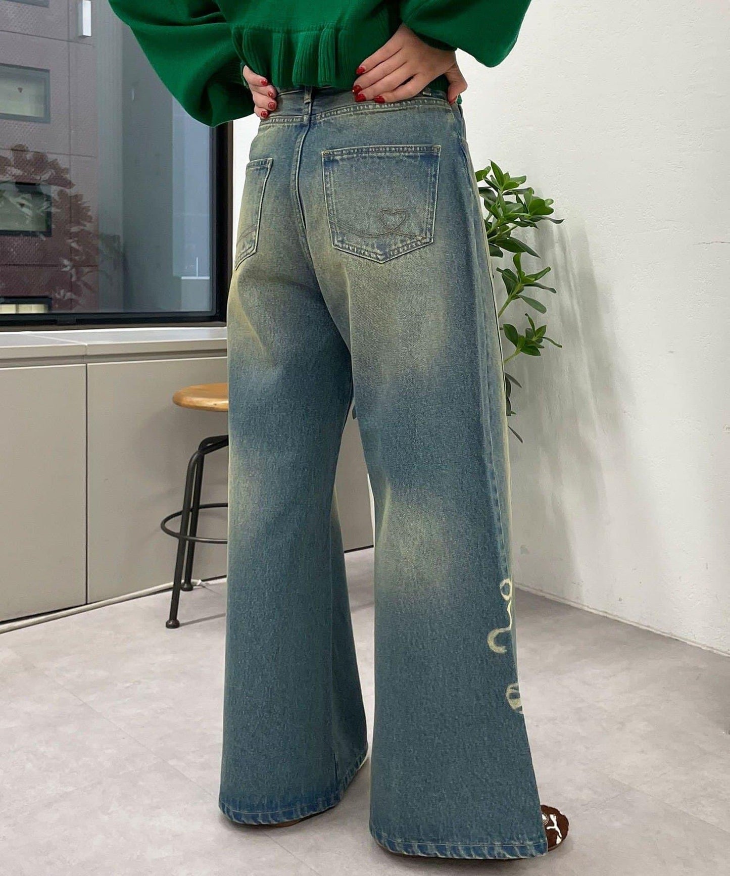 蝴蝶結拔染印花牛仔褲