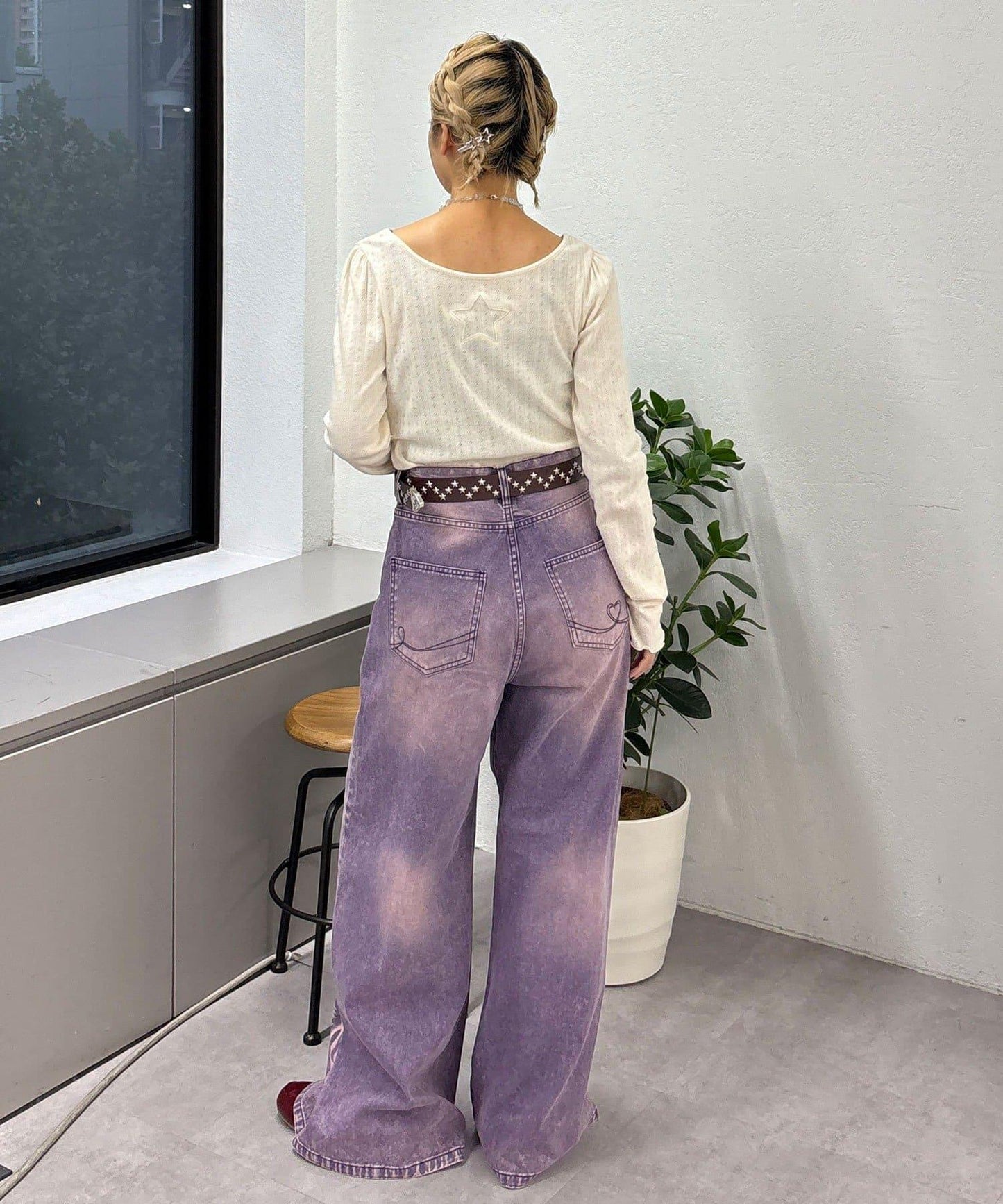 蝴蝶結拔染印花牛仔褲