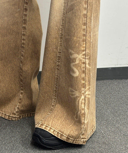 蝴蝶結拔染印花牛仔褲