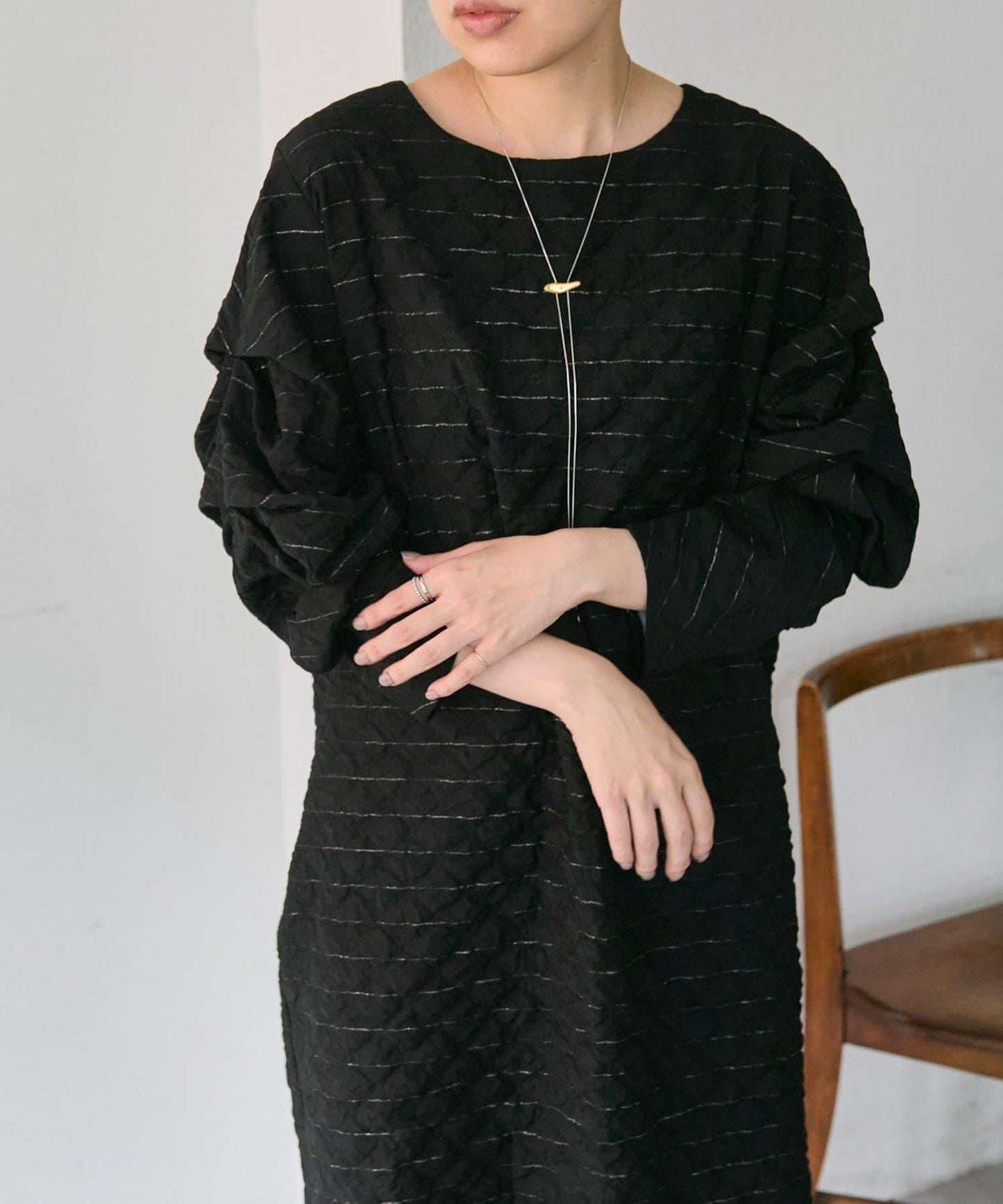 《オケージョン/ストライプ》長袖褶皺連衣裙【SUM1 STYLE】