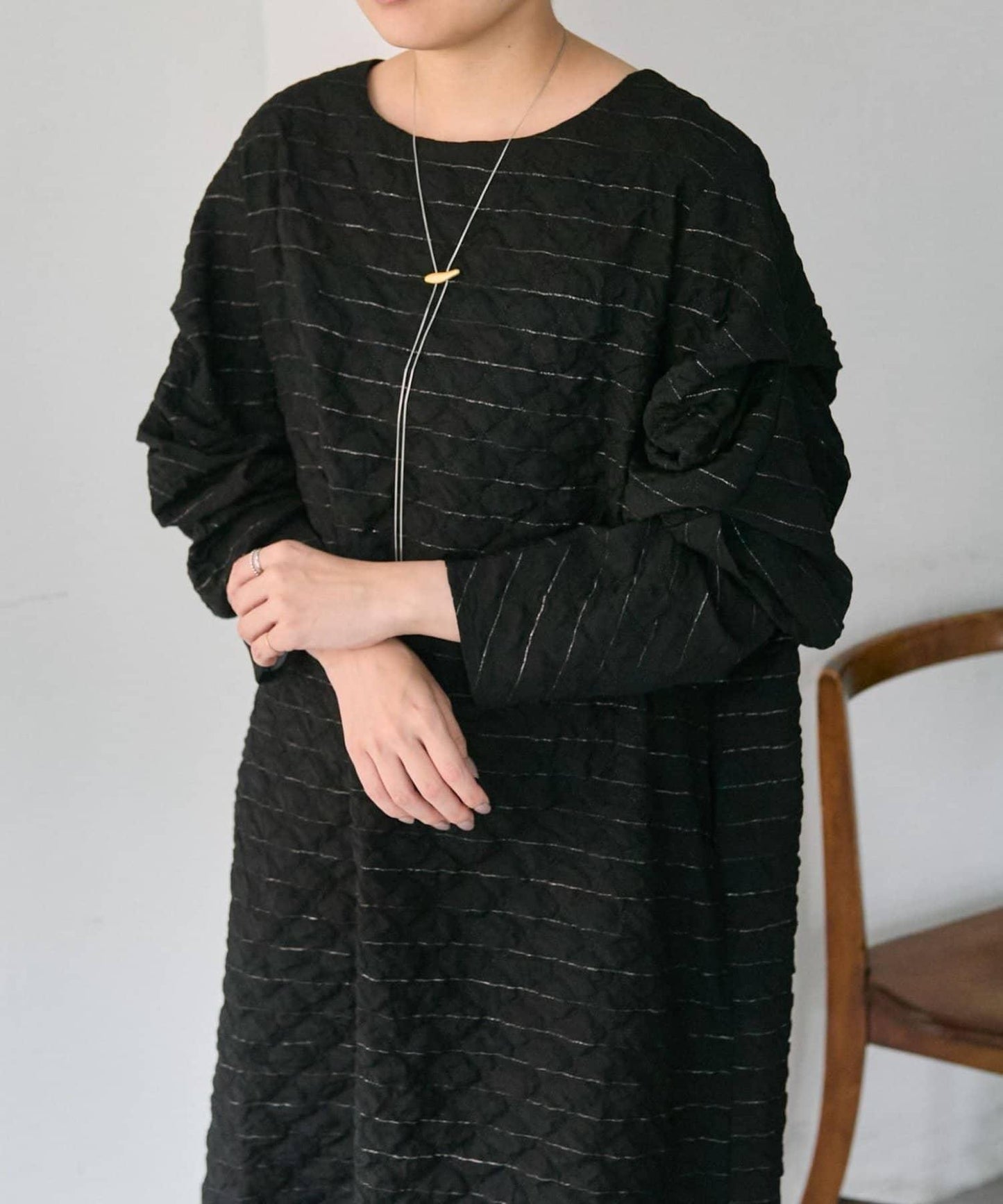 《オケージョン/ストライプ》長袖褶皺連衣裙【SUM1 STYLE】