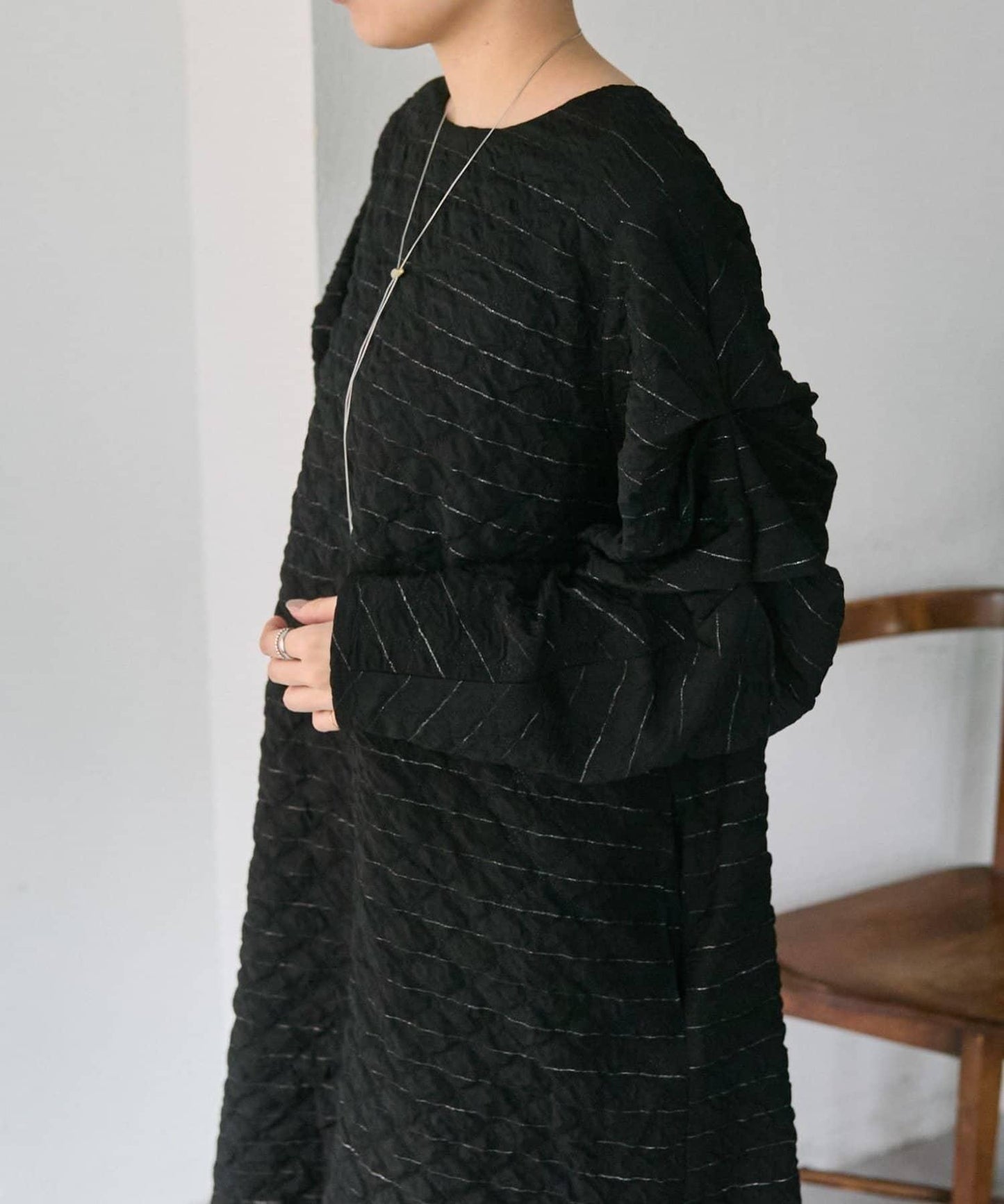 《オケージョン/ストライプ》長袖褶皺連衣裙【SUM1 STYLE】