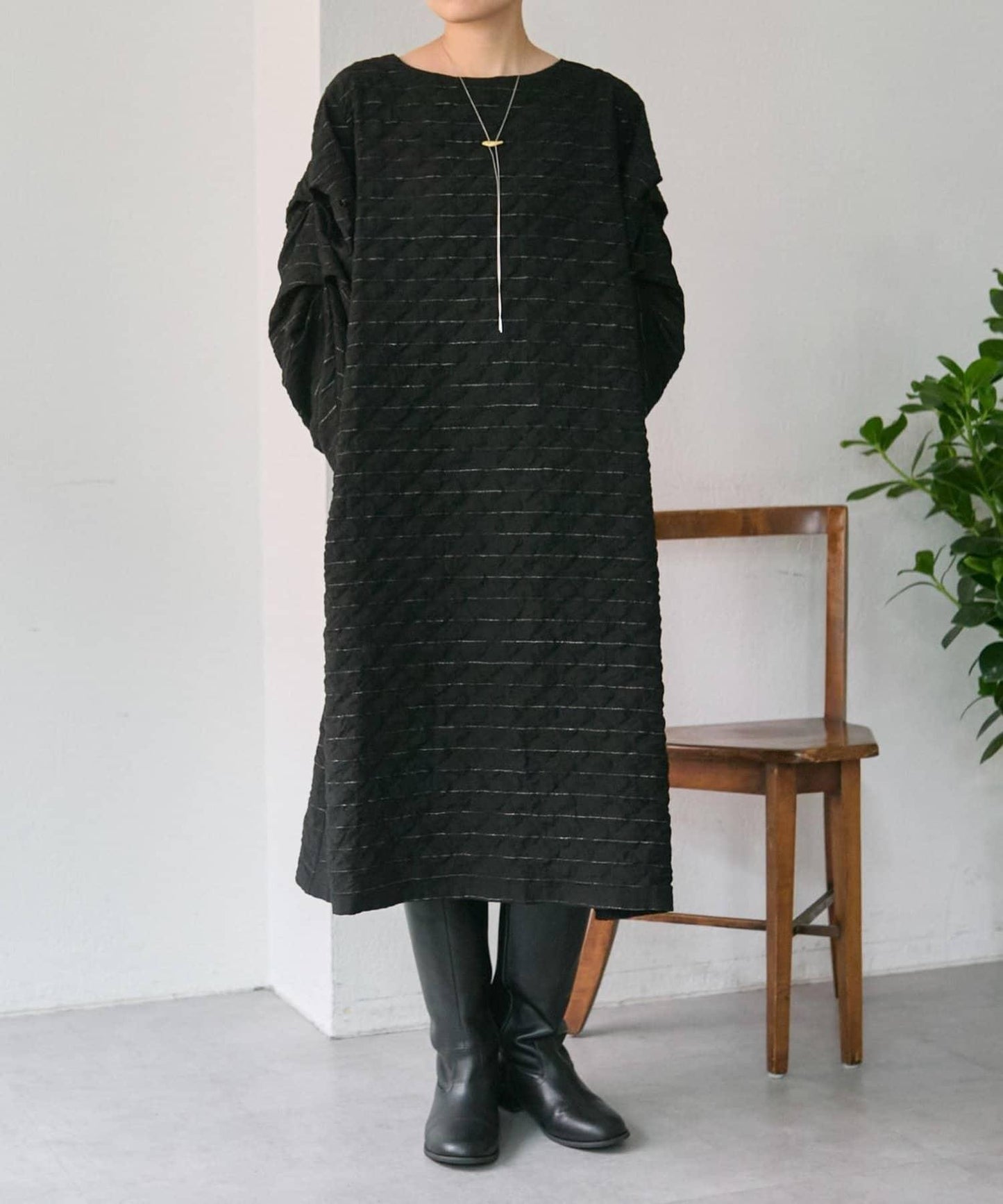 《オケージョン/ストライプ》長袖褶皺連衣裙【SUM1 STYLE】