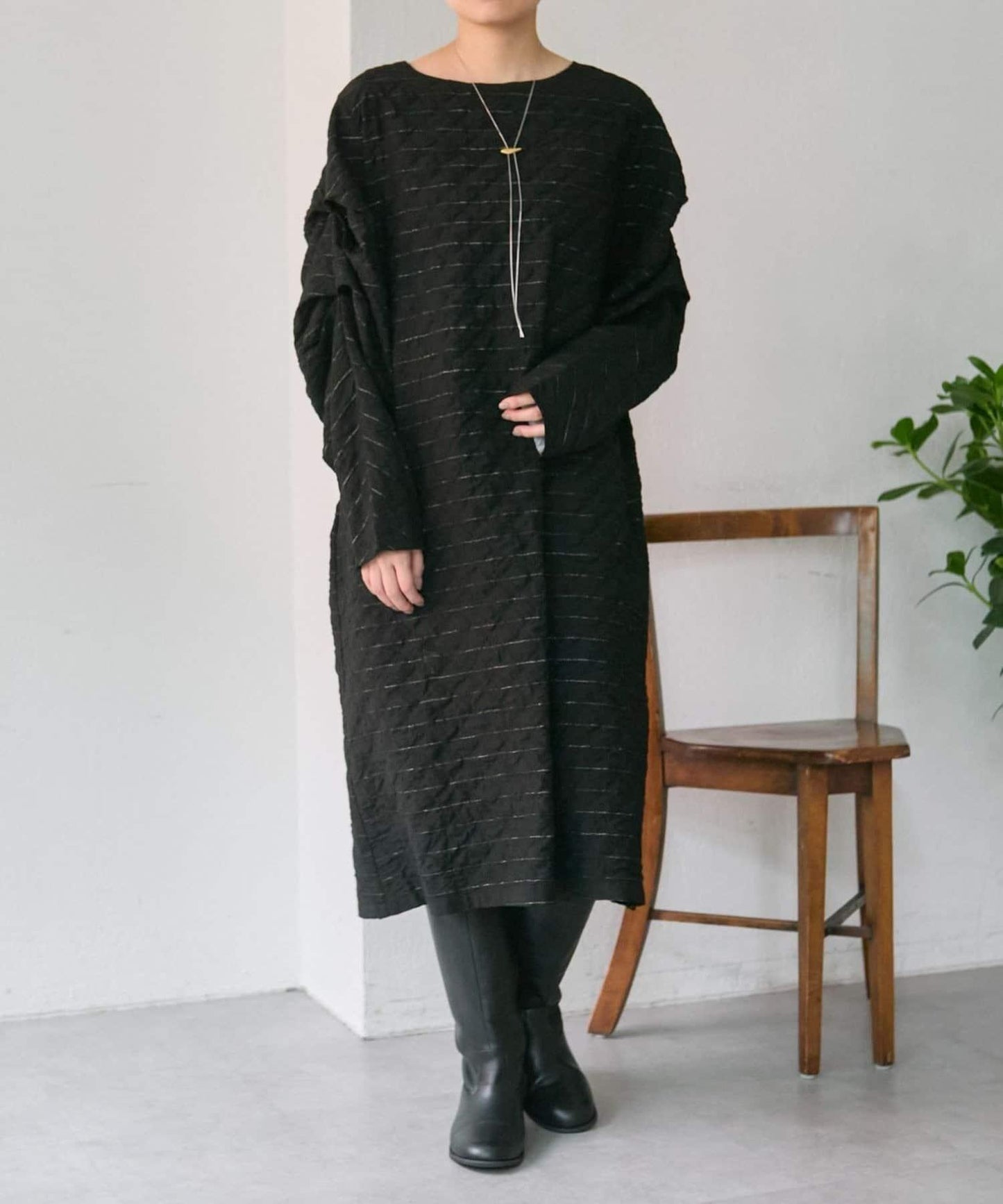 《オケージョン/ストライプ》長袖褶皺連衣裙【SUM1 STYLE】