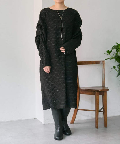 《オケージョン/ストライプ》長袖褶皺連衣裙【SUM1 STYLE】