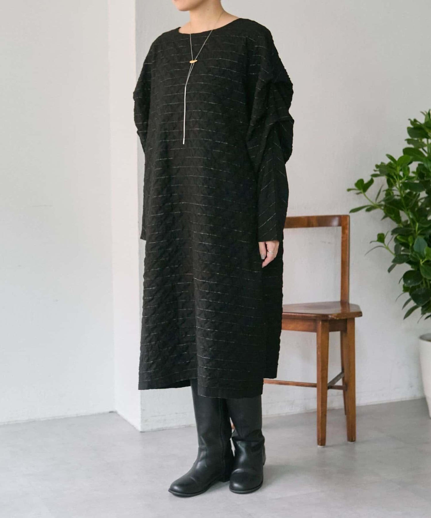 《オケージョン/ストライプ》長袖褶皺連衣裙【SUM1 STYLE】