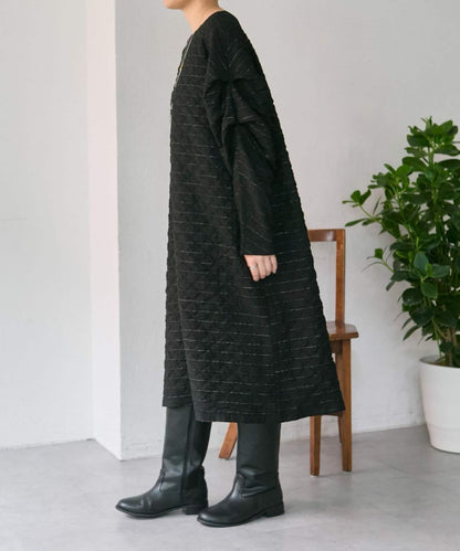 《オケージョン/ストライプ》長袖褶皺連衣裙【SUM1 STYLE】