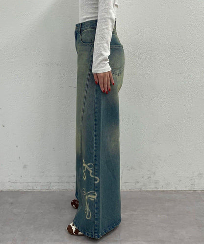 蝴蝶結拔染印花牛仔褲