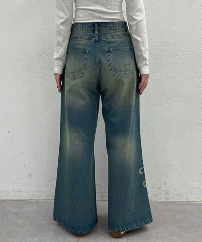 蝴蝶結拔染印花牛仔褲