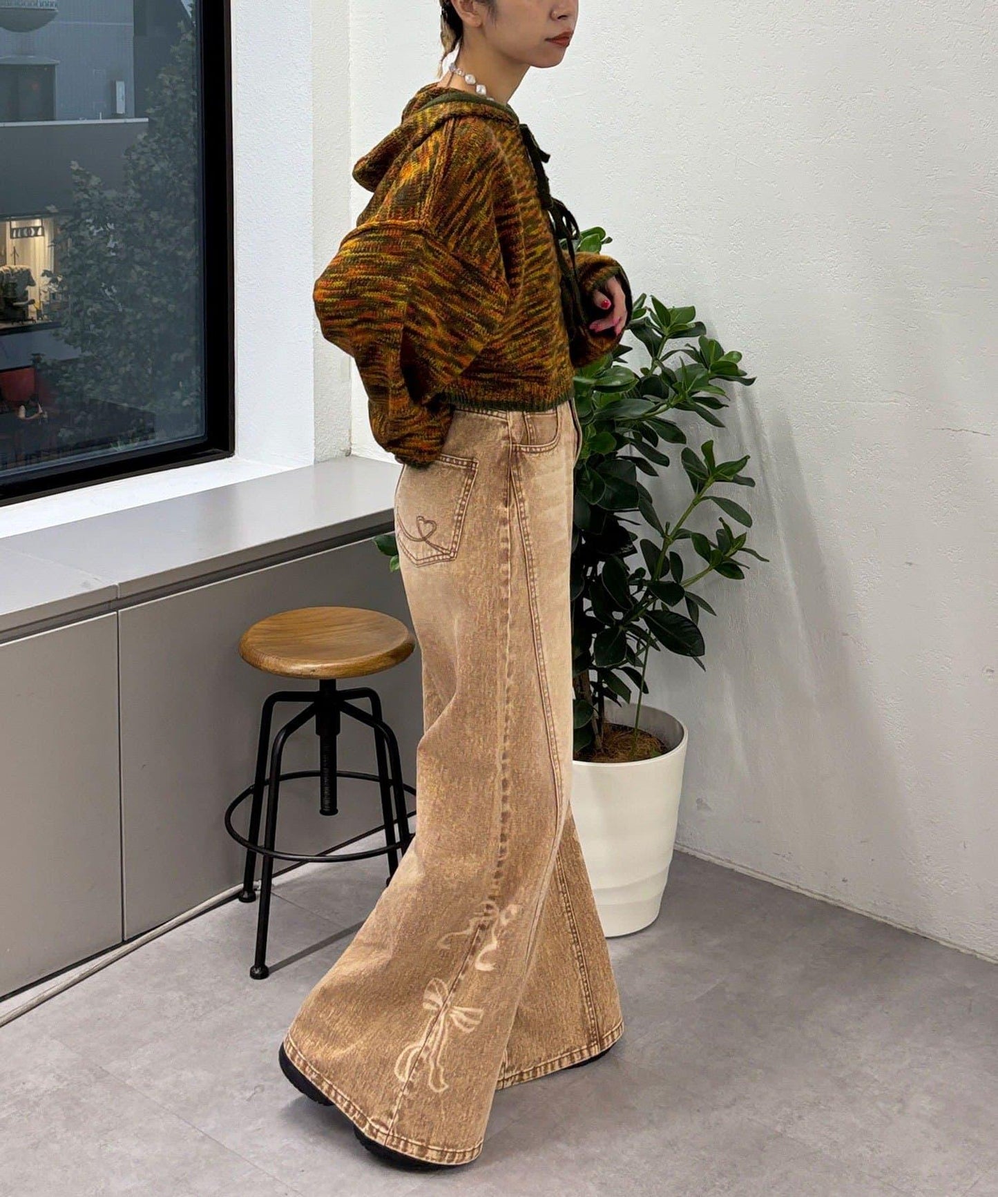 蝴蝶結拔染印花牛仔褲