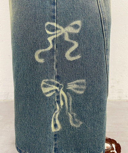 蝴蝶結拔染印花牛仔褲