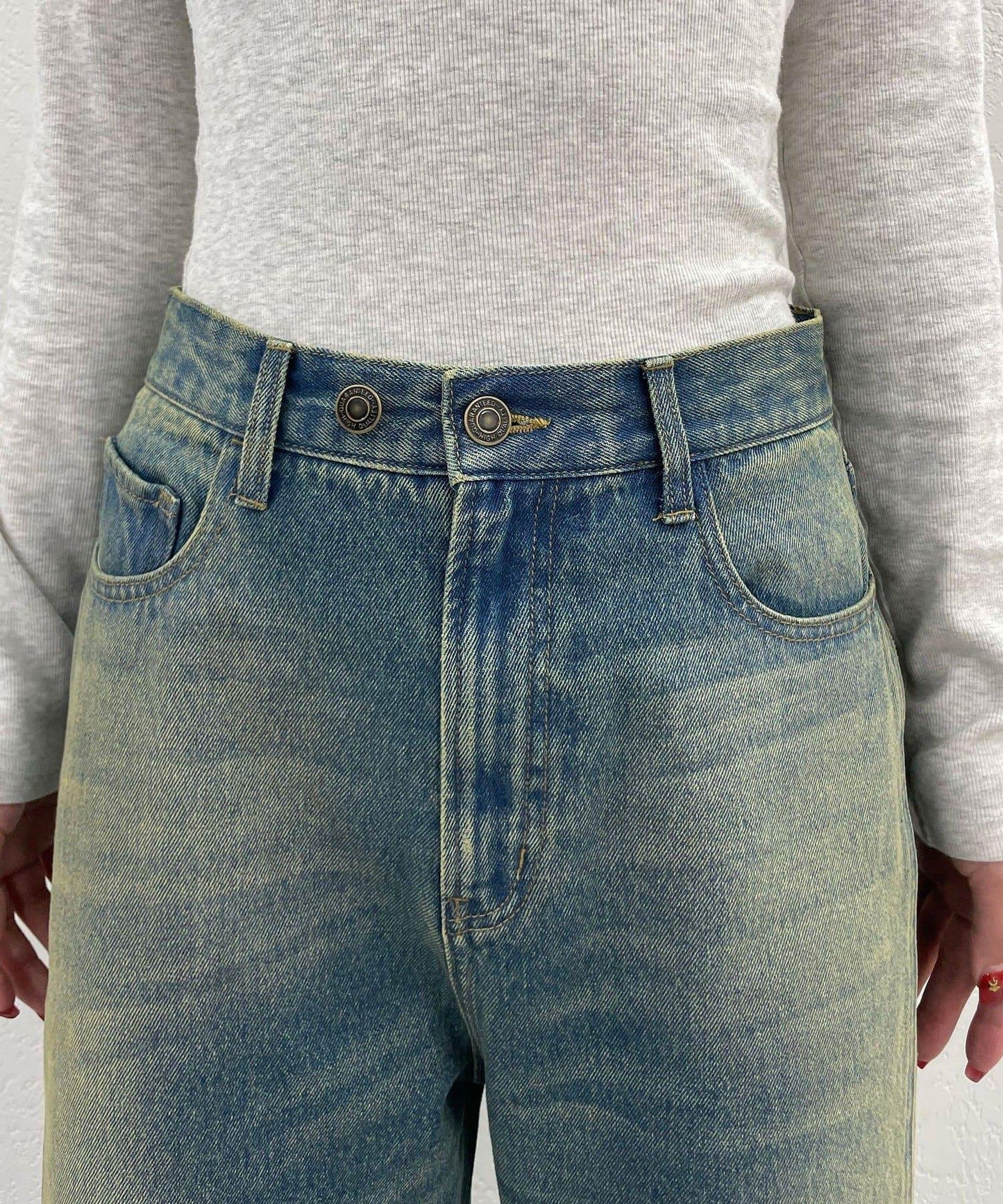 蝴蝶結拔染印花牛仔褲