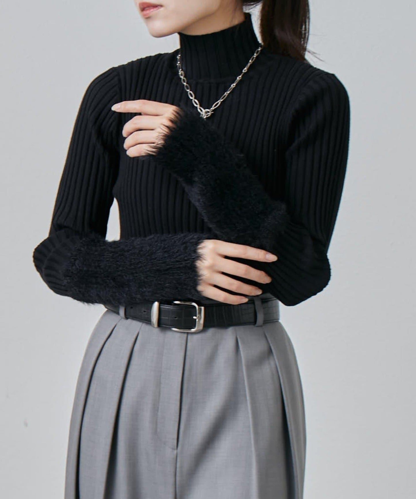 羽毛袖羅紋高領套頭衫