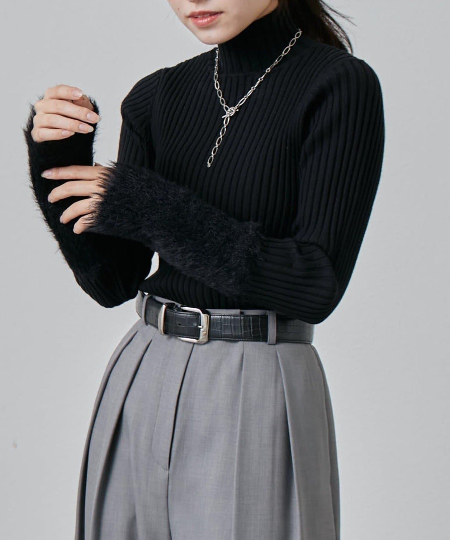 羽毛袖羅紋高領套頭衫