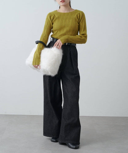 波浪扣皮革手柄毛絨揹包