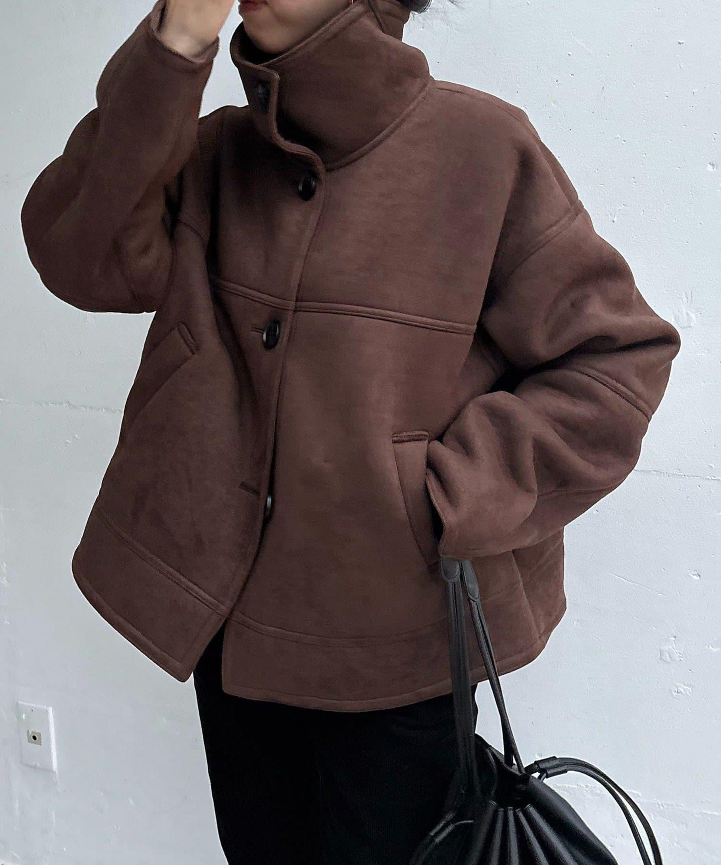 麂皮羊羔絨中長大衣