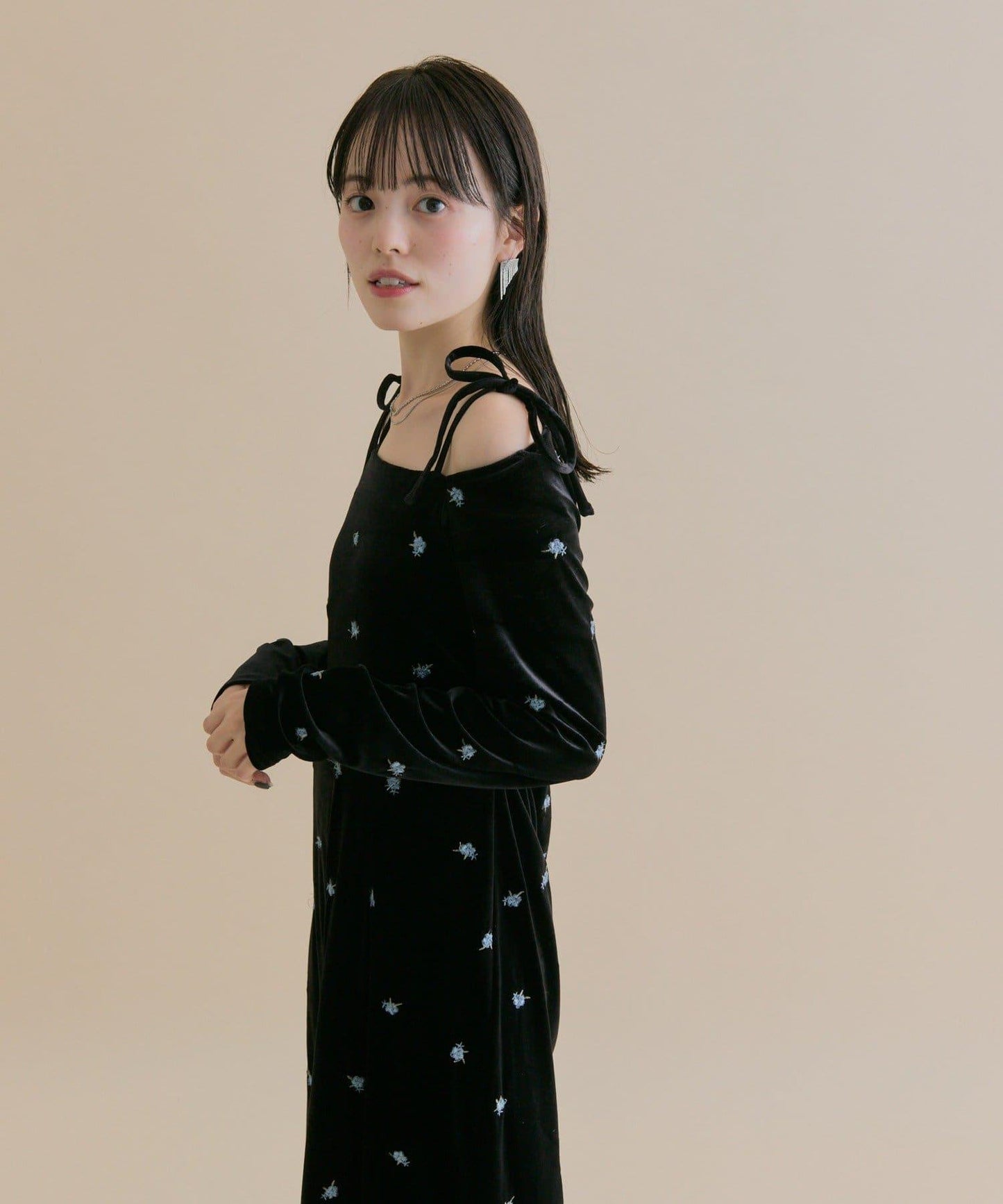 【森川企畫】花卉圖案天鵝絨連衣裙