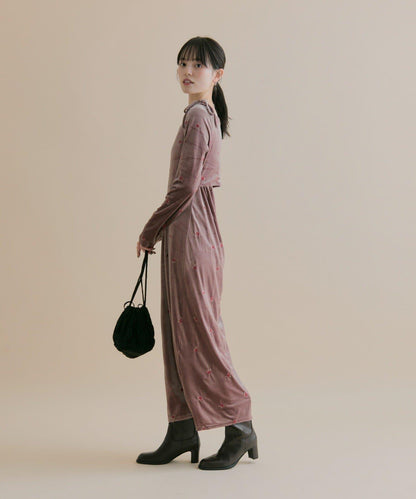 【森川企畫】花卉圖案天鵝絨連衣裙