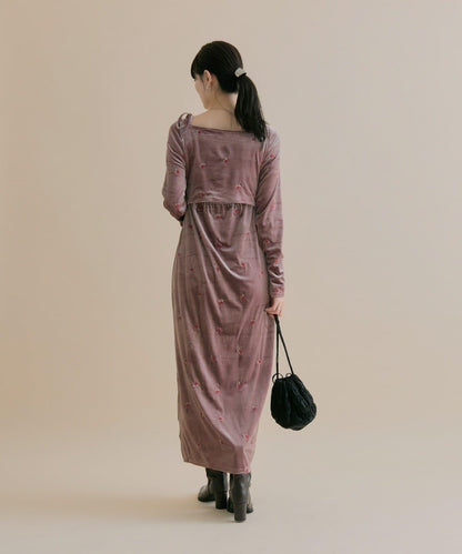 【森川企畫】花卉圖案天鵝絨連衣裙