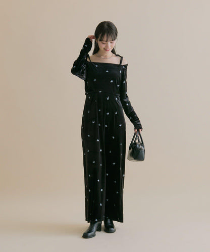 【森川企畫】花卉圖案天鵝絨連衣裙