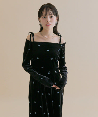 【森川企畫】花卉圖案天鵝絨連衣裙