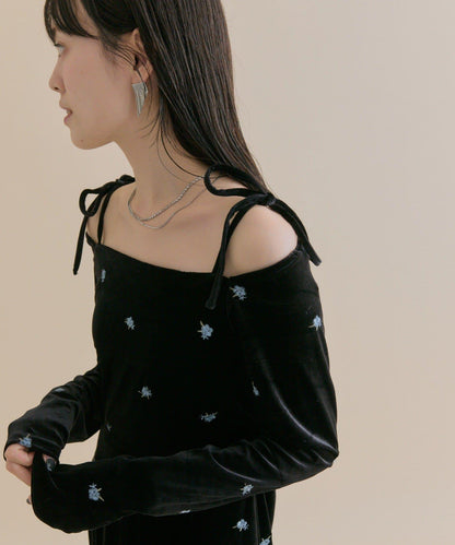 【森川企畫】花卉圖案天鵝絨連衣裙