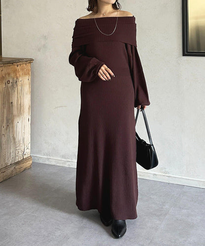 一字肩針織連衣裙