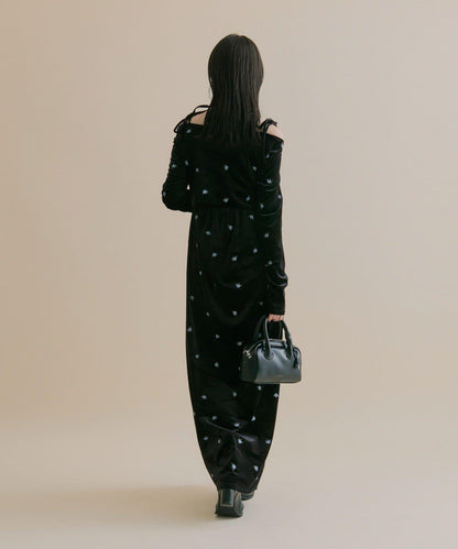 【森川企畫】花卉圖案天鵝絨連衣裙