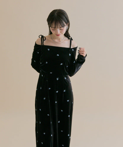 【森川企畫】花卉圖案天鵝絨連衣裙