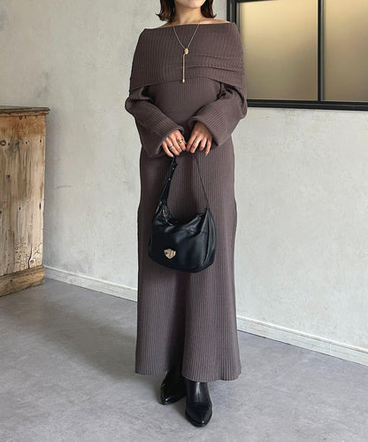 一字肩針織連衣裙