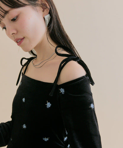 【森川企畫】花卉圖案天鵝絨連衣裙