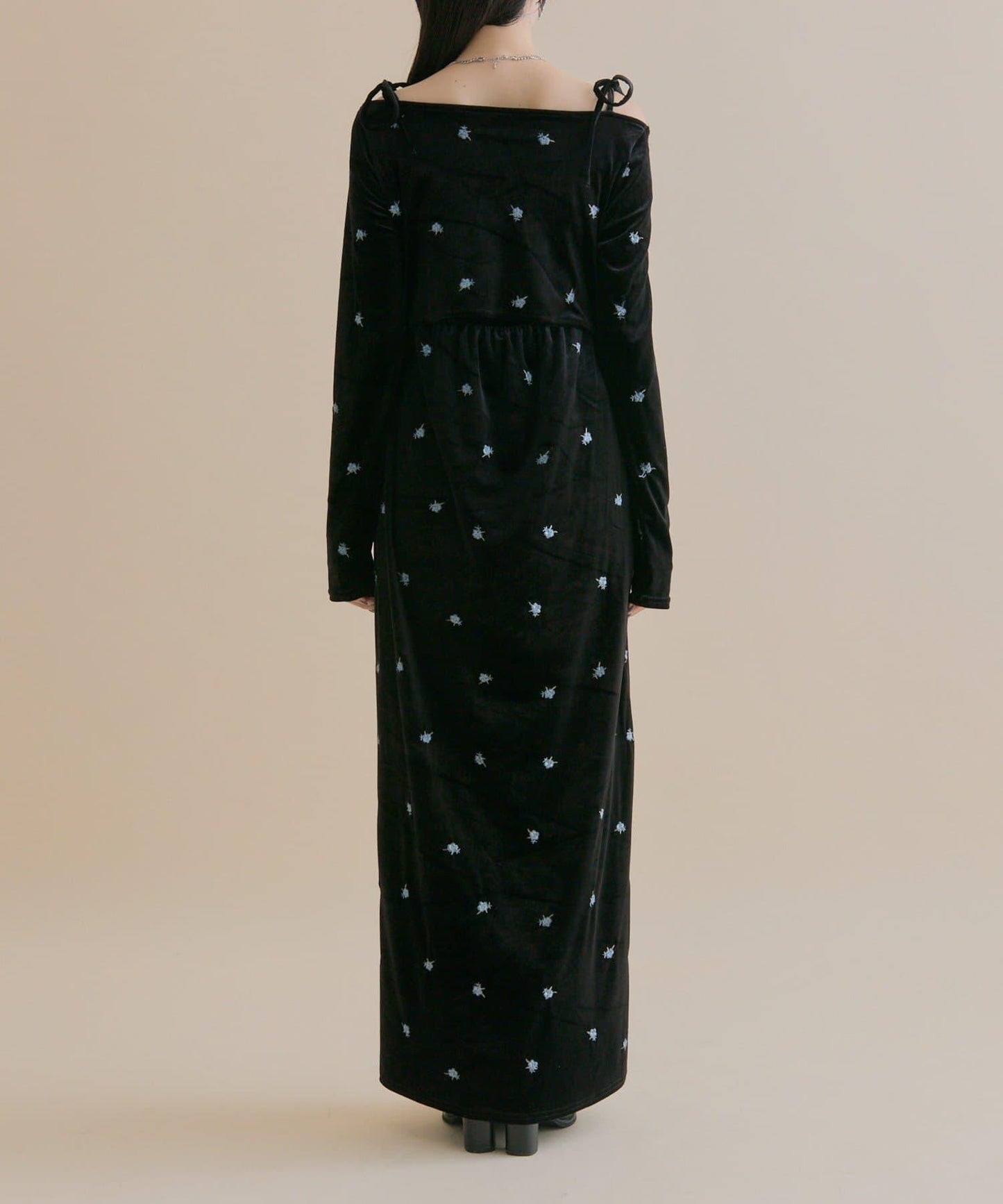 【森川企畫】花卉圖案天鵝絨連衣裙