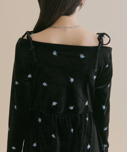 【森川企畫】花卉圖案天鵝絨連衣裙