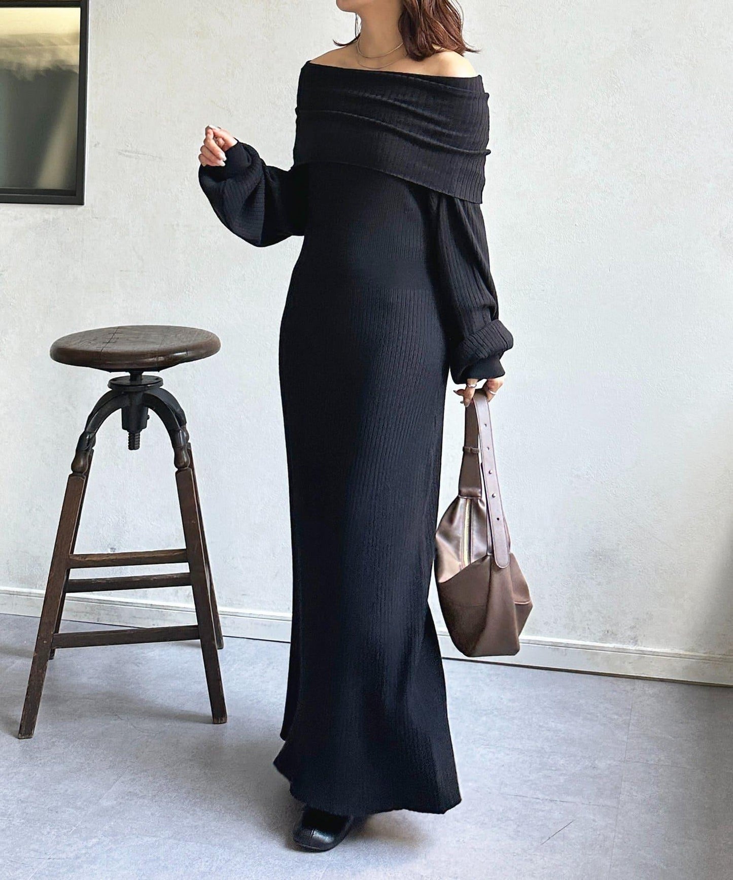 一字肩針織連衣裙