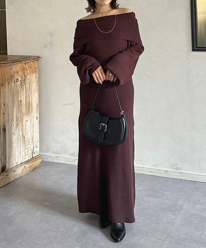 一字肩針織連衣裙