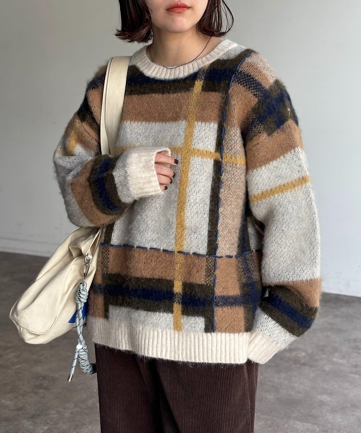 格紋流蘇拼接針織衫
