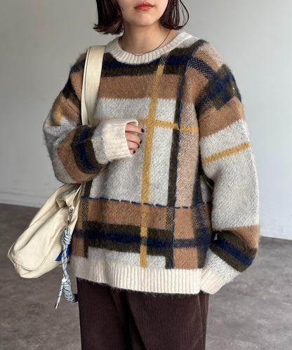 格紋流蘇拼接針織衫