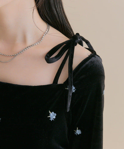 【森川企畫】花卉圖案天鵝絨連衣裙