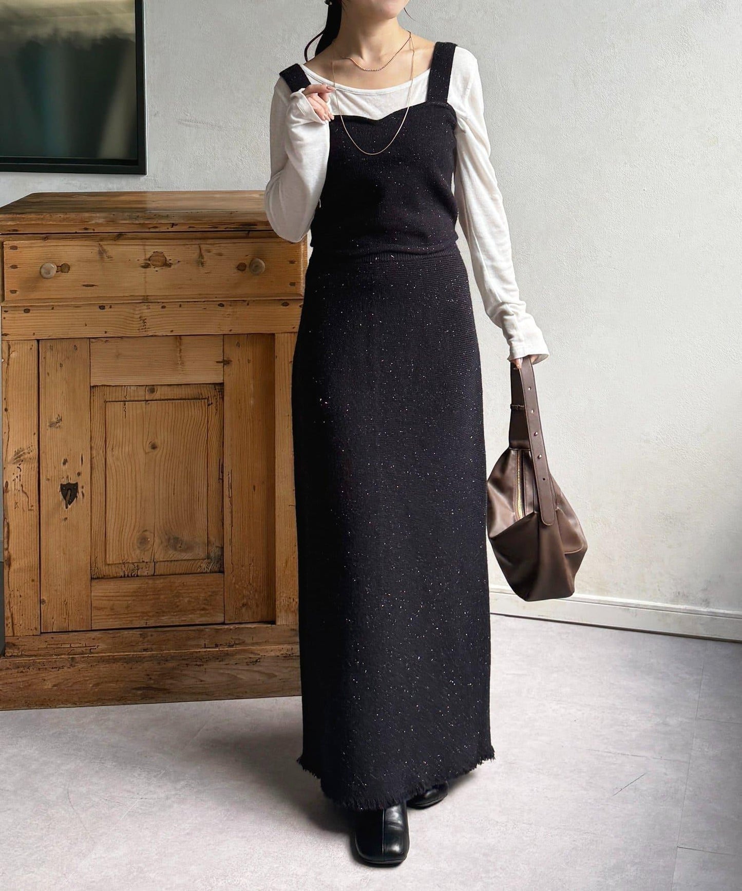 亮片針織吊帶背心×半身裙套裝