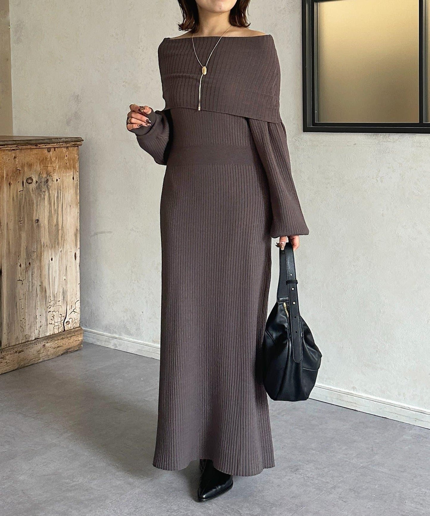 一字肩針織連衣裙