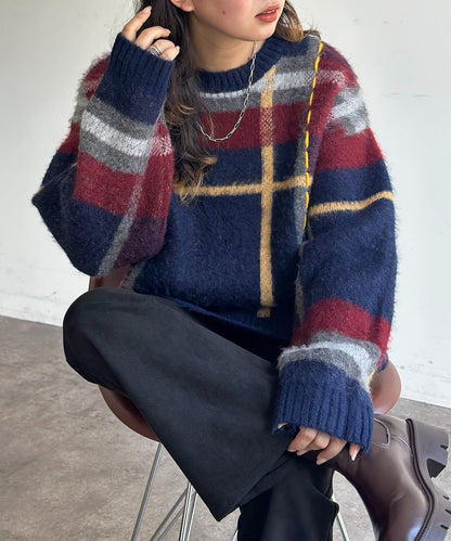 格紋流蘇拼接針織衫