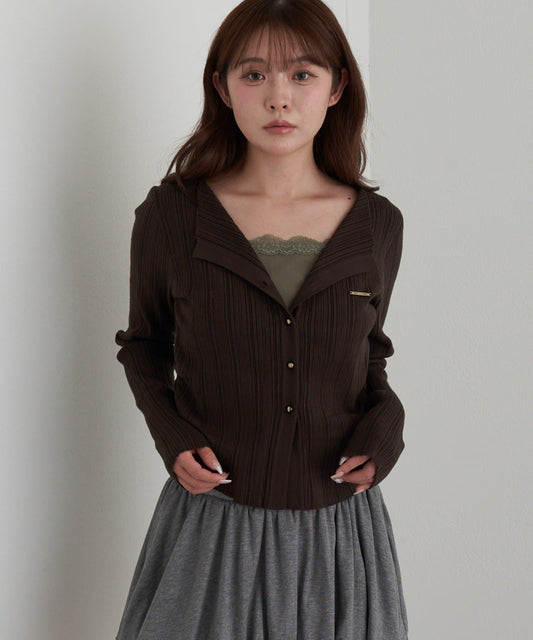 蕾絲拼接前開釦針織衫