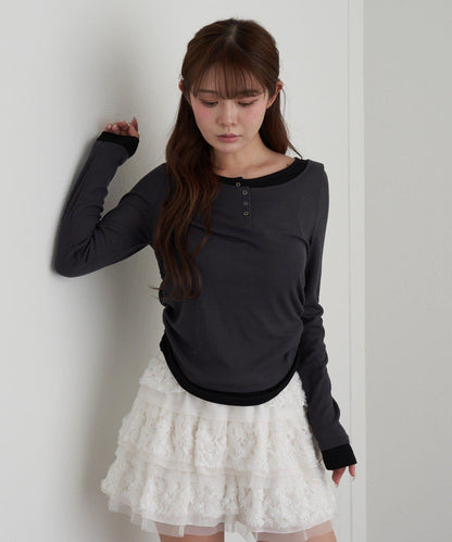 U領疊穿亨利長袖T恤