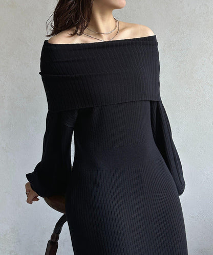 一字肩針織連衣裙