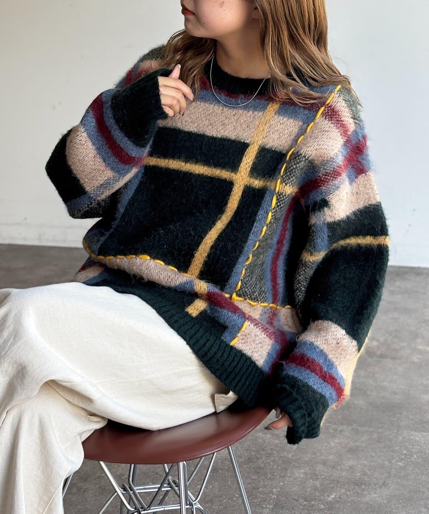 格紋流蘇拼接針織衫