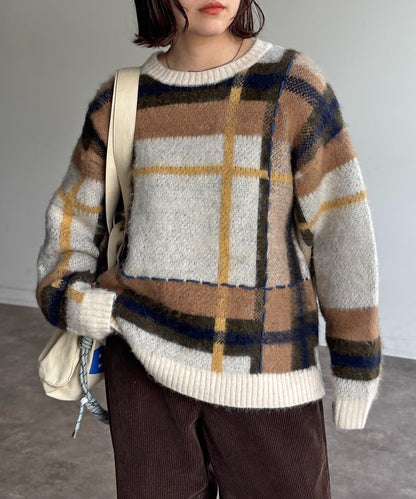 格紋流蘇拼接針織衫