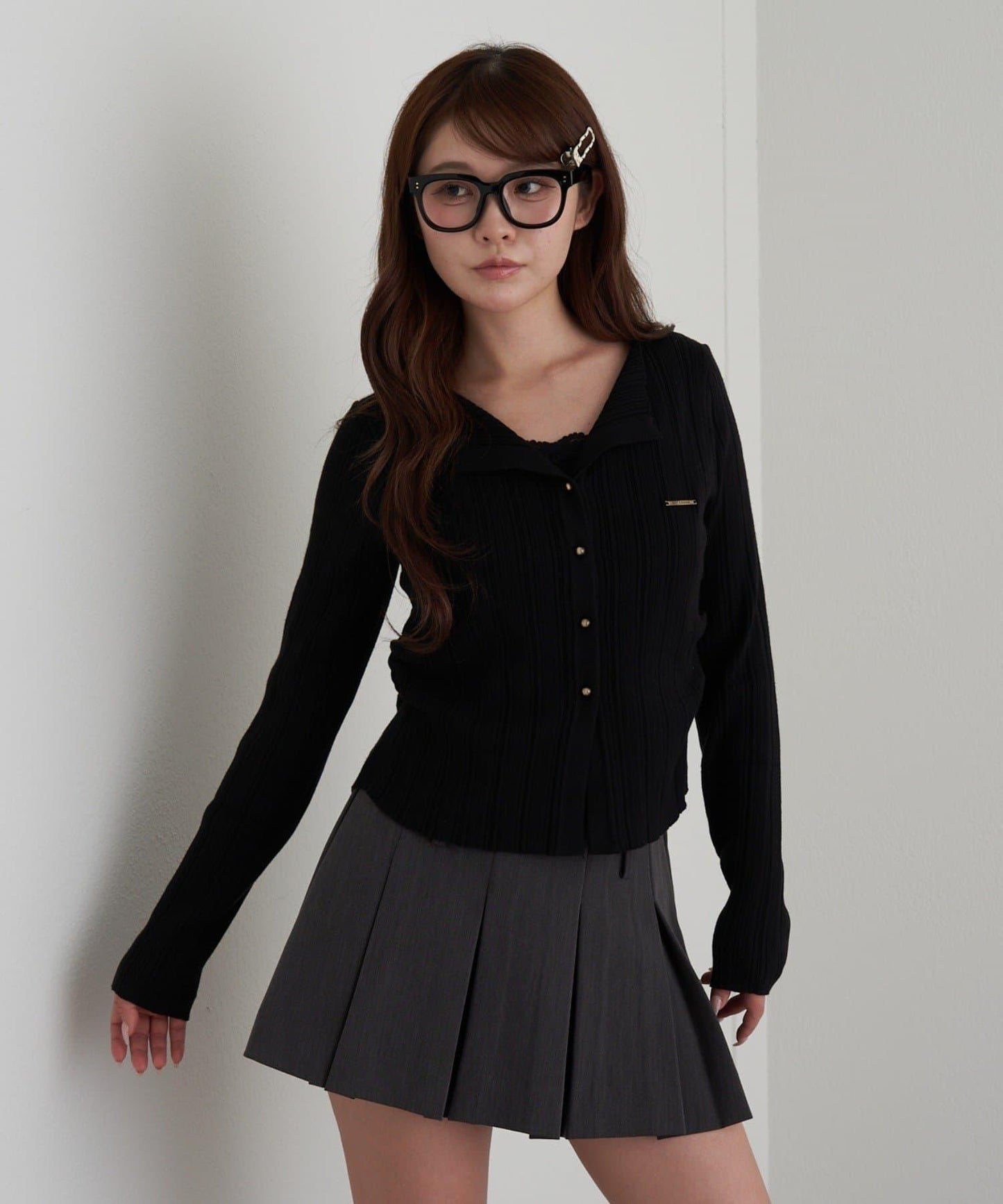 蕾絲拼接前開釦針織衫