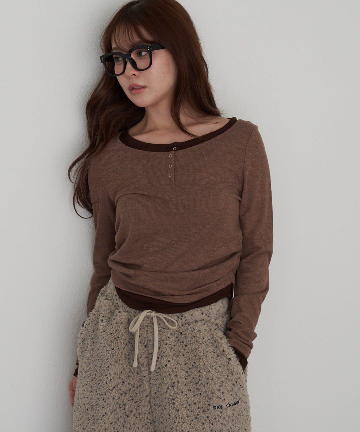 U領疊穿亨利長袖T恤