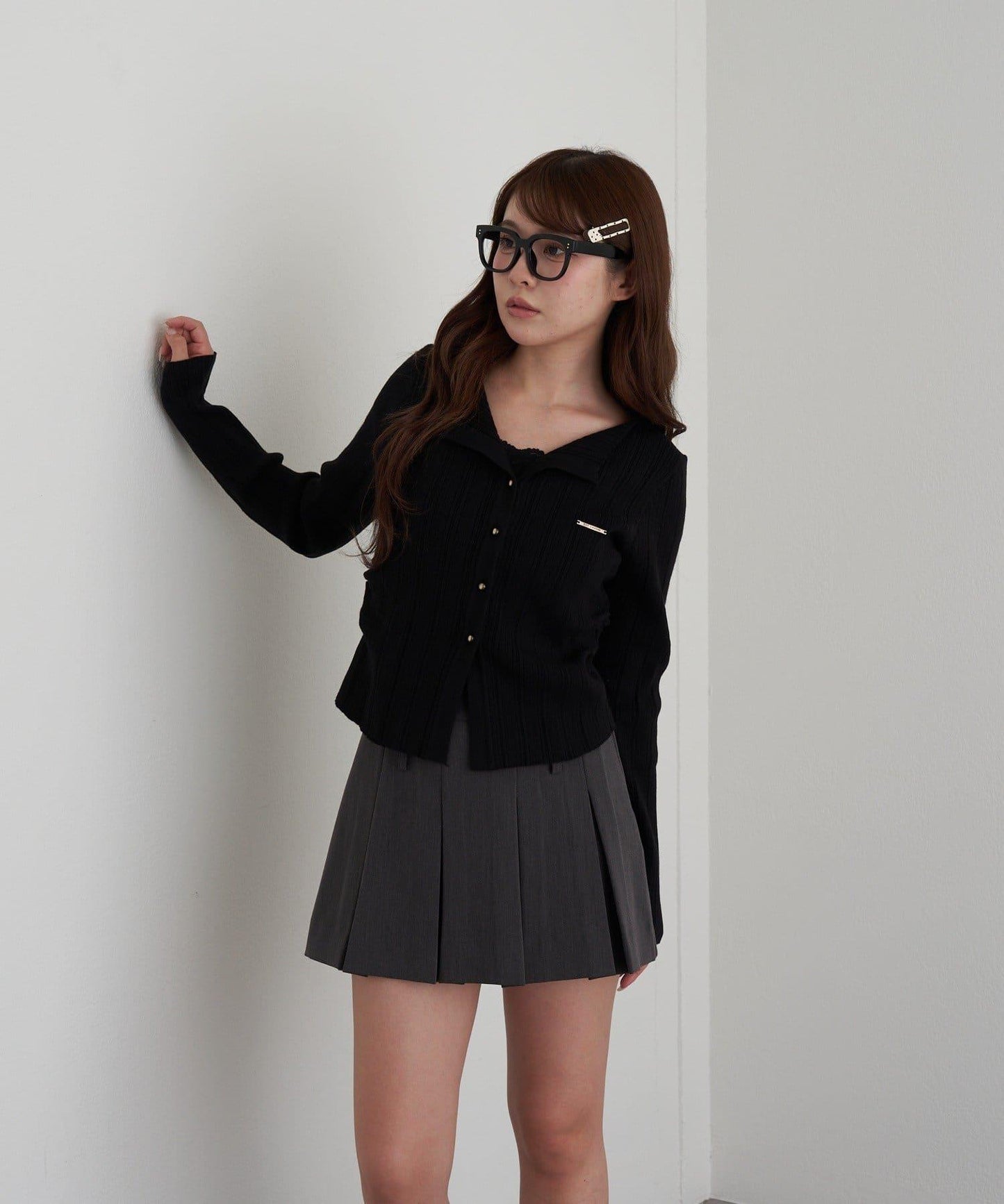 蕾絲拼接前開釦針織衫